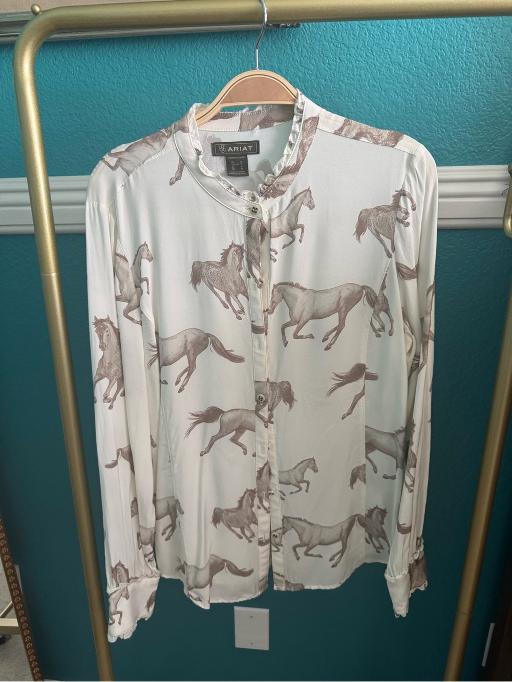 Ariat Clarion Cream Button-Down Shirt with Brown Horse Print